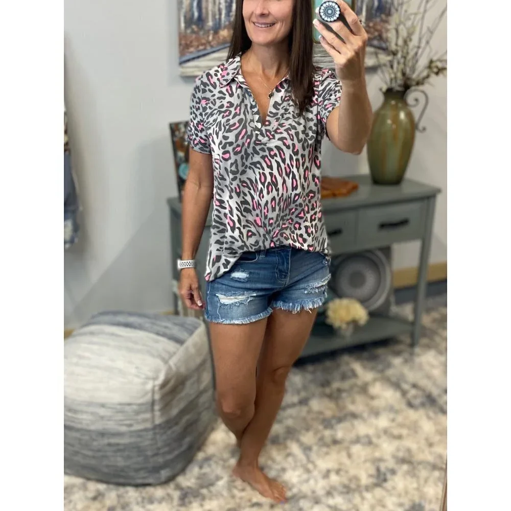 ❤️‍🔥Leopard V-Neck Collar Tab Button Gray Pink 4420